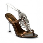 Pleaser Metal Topuklu Ön Kısmı Taşlı Bilekten İnce Zincirle Bağlı Abiye Ayakkabı Kadın Bronz